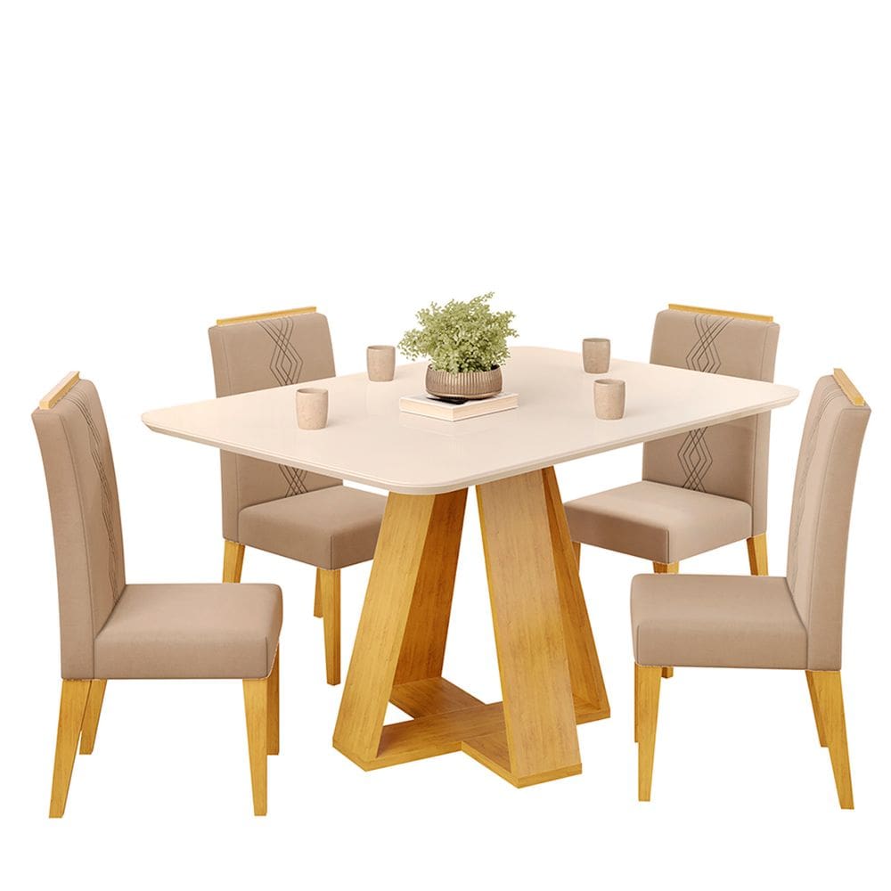 Conjunto Sala de Jantar 4 Cadeiras Tampo Chanfrado Retangular 120cm com Vidro Kiara Cedro Off White Yasmin Veludo Kraft - DJ Móveis
