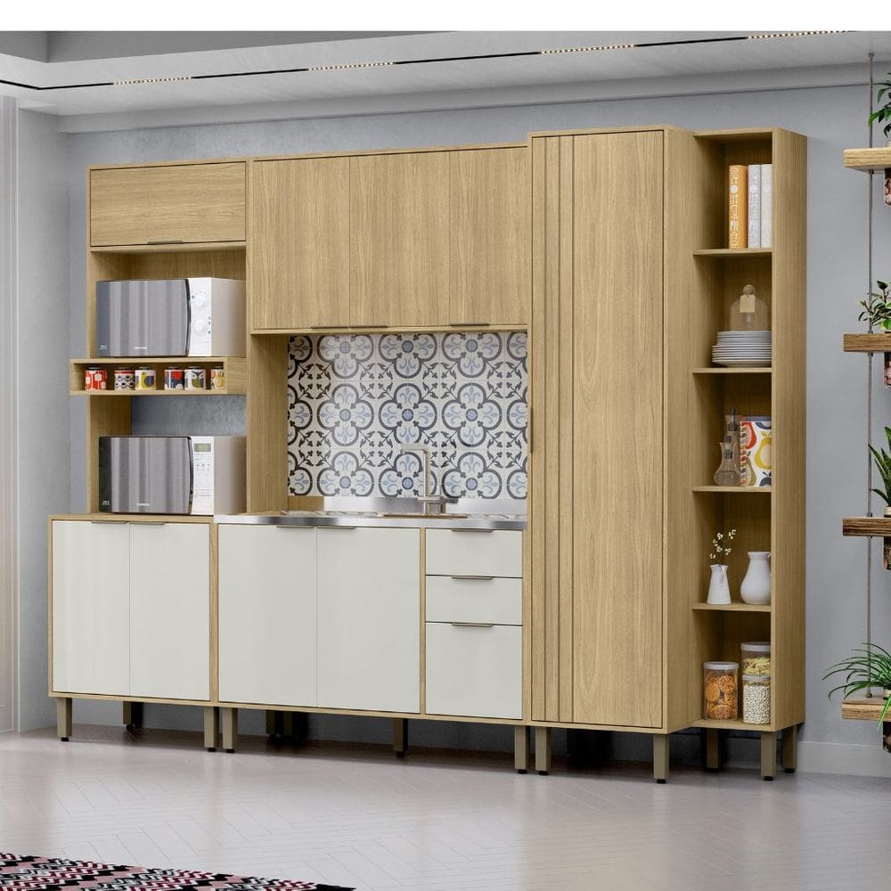Cozinha Modulada Completa Vick 4 Peças Castanho Off White