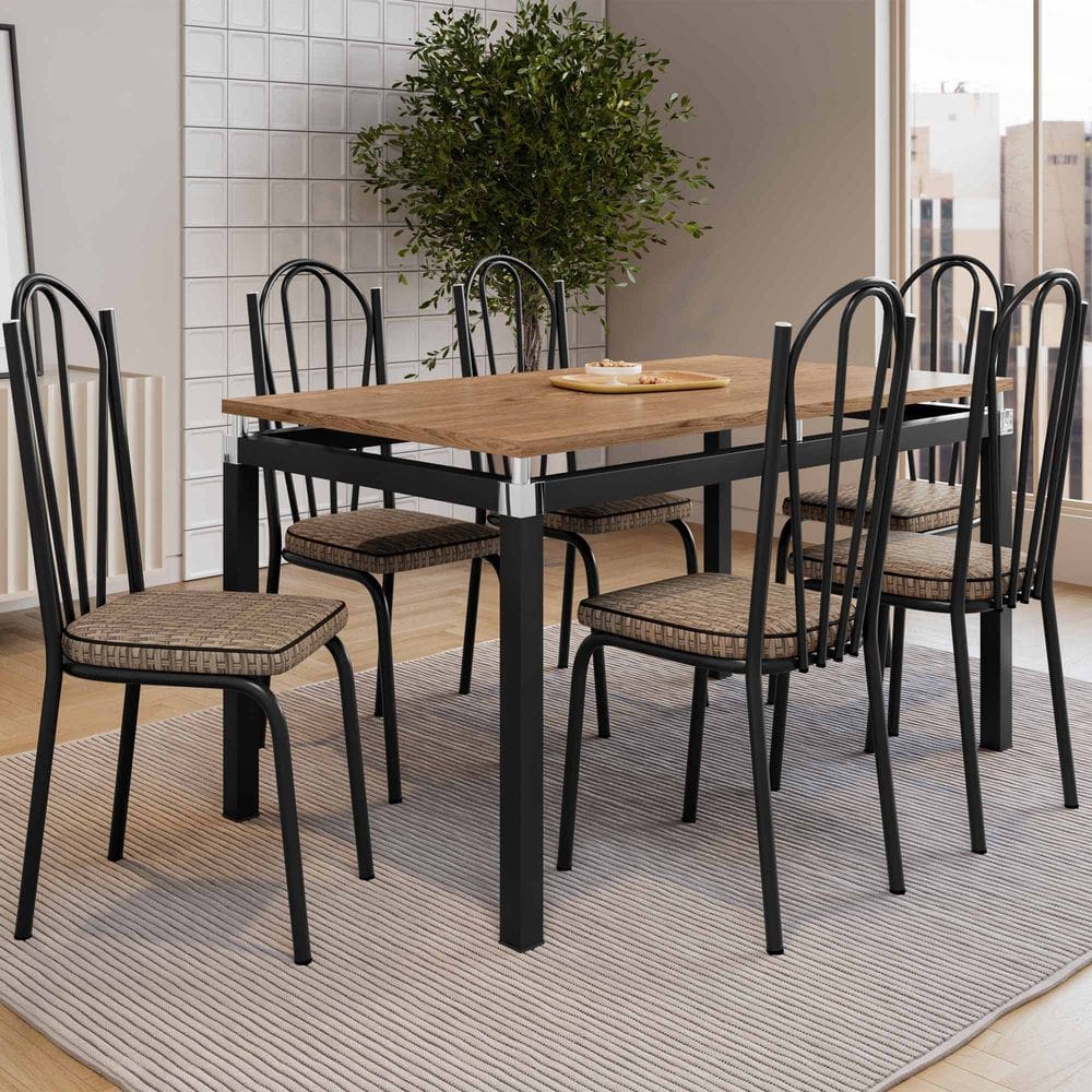 Conjunto Mesa de Jantar com 6 Cadeiras 121 Malva Tampo BP 136cm Nature SF Preto Assento Rattan - Combo Stock