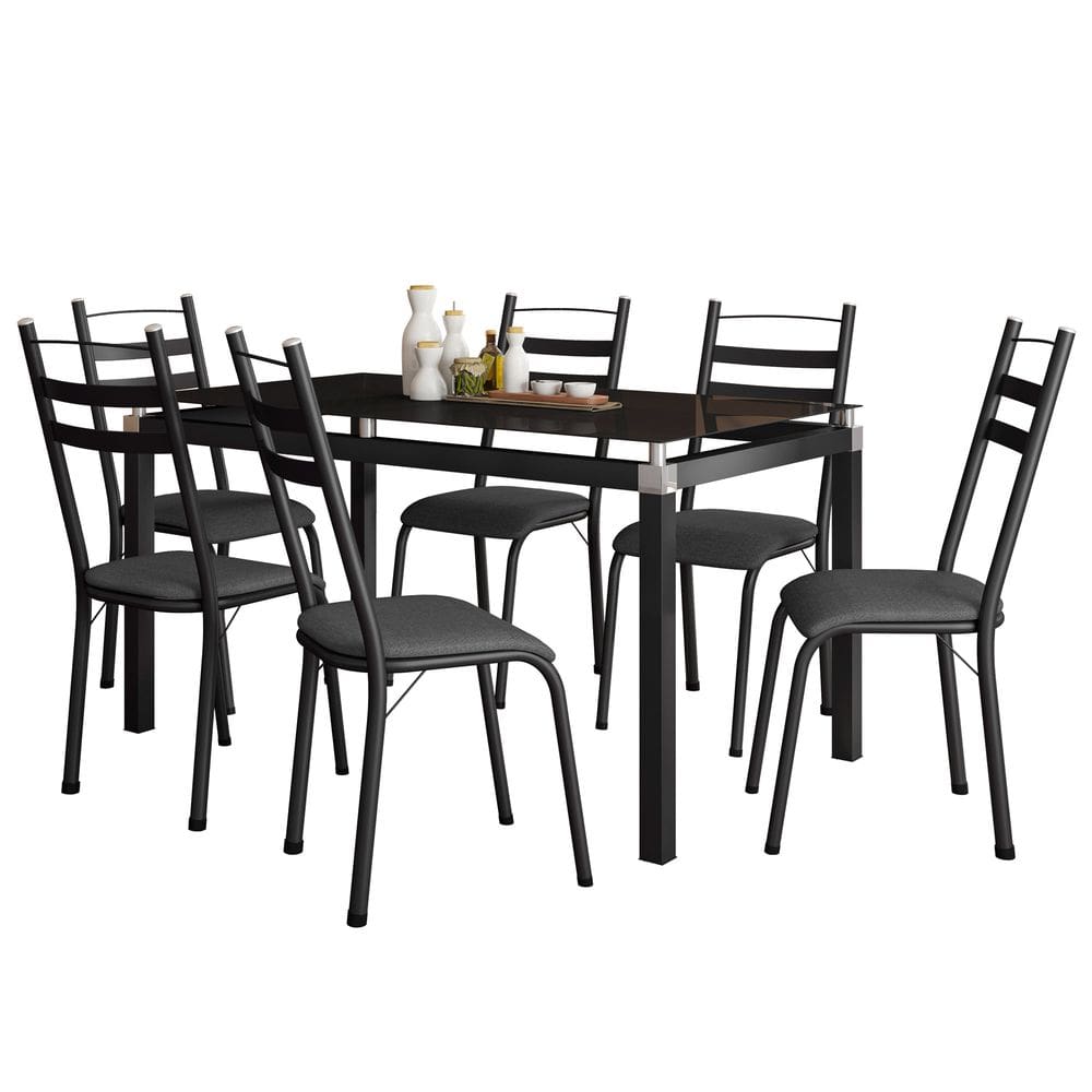 Conjunto Mesa de Jantar com 6 Cadeiras 161 Malva Tampo Vidro 140cm SF Preto Assento Andorinha - Combo Stock