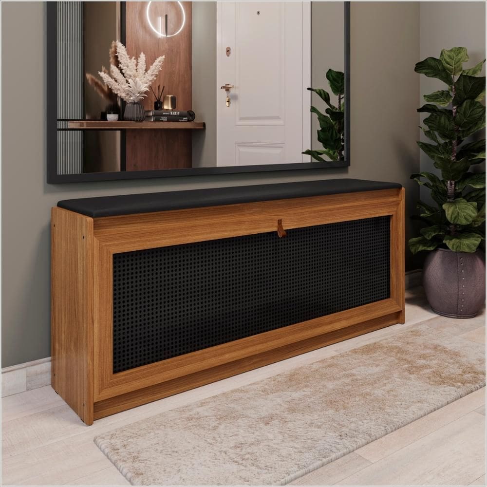 Banco Sapateira 130m Plenitude Madeira Acento Almofadado Corino Preto Ofertamo