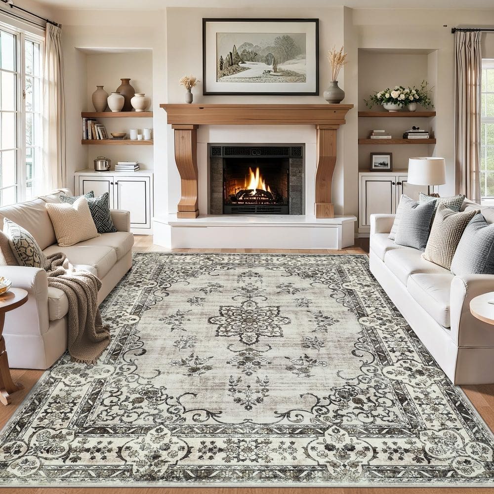 Tapete Area PLHXFR Vintage Floral 8 x 10 pés lavável preto