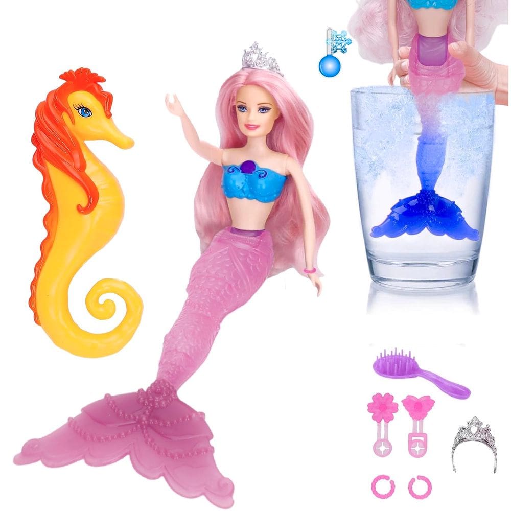 Conjunto de brinquedos Mermaid Princess Doll Yellow River com cauda que muda de cor