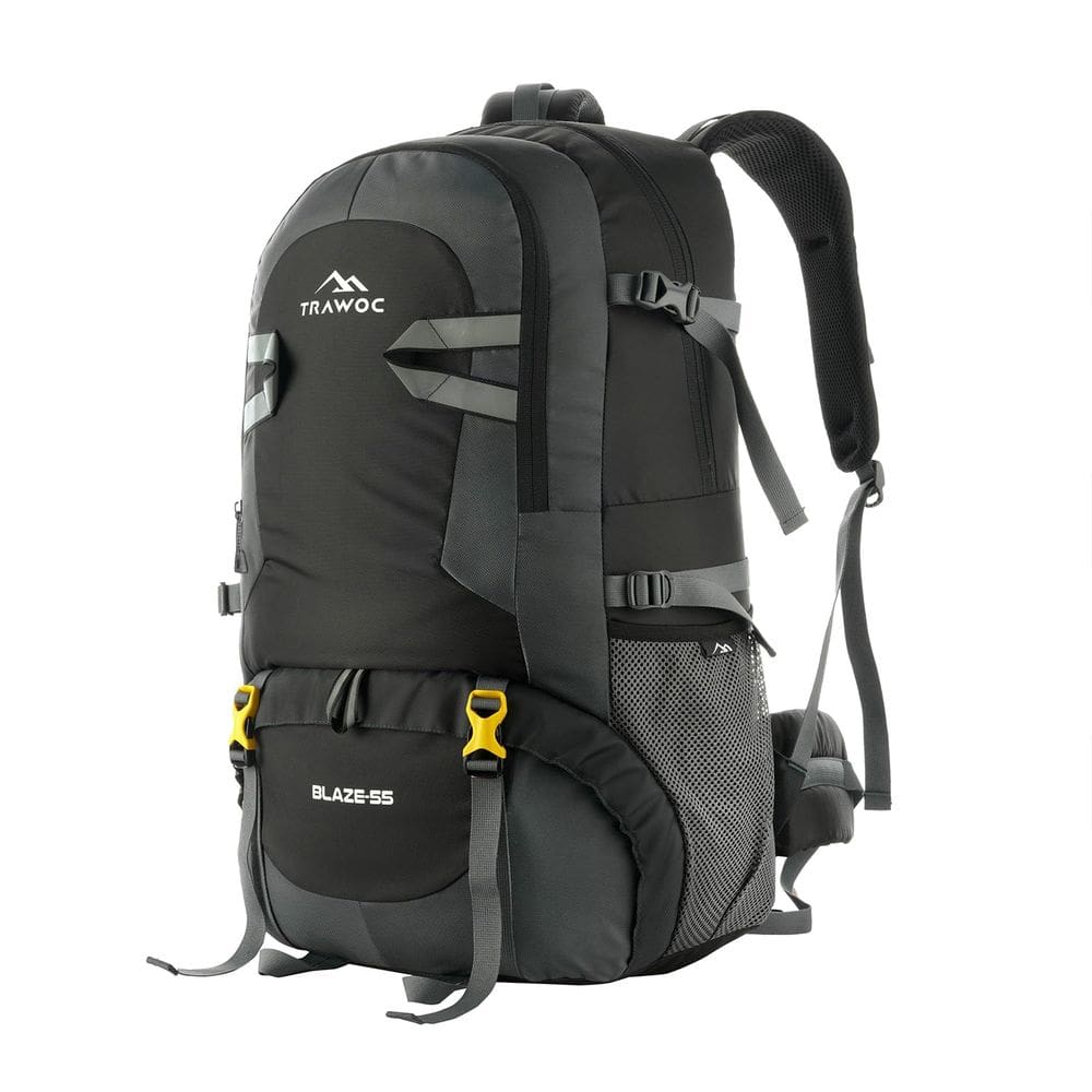 Mochila de viagem TRAWOC BLAZE 55L para acampar e caminhar preta