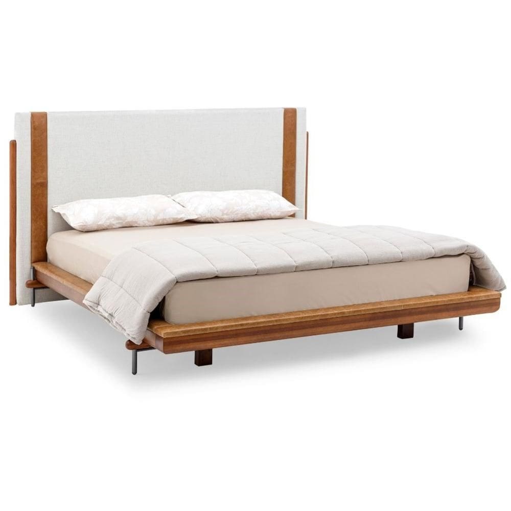 Cama de Casal MH-6016 Herval Estofado Casal Colchão 193 cm Madeira Maciça Off White Detalhe Marrom B