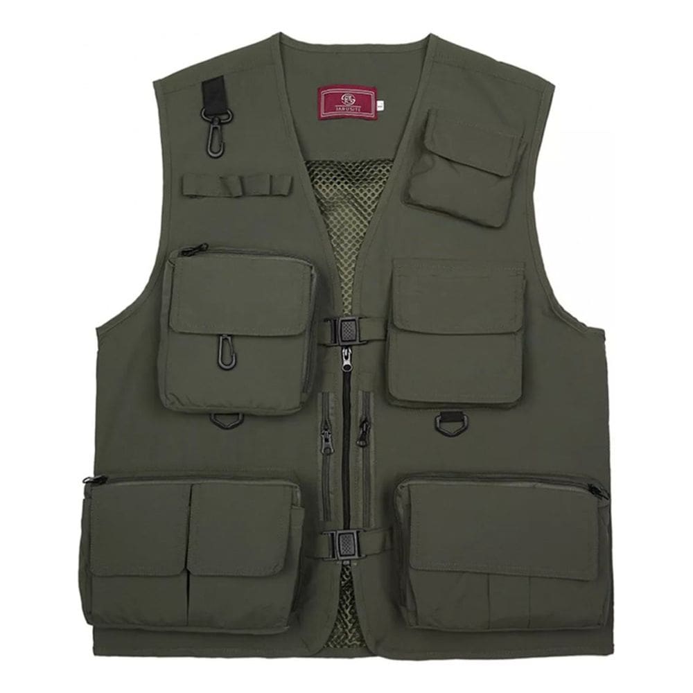 Colete de pesca de verão com vários bolsos verde militar para adulto