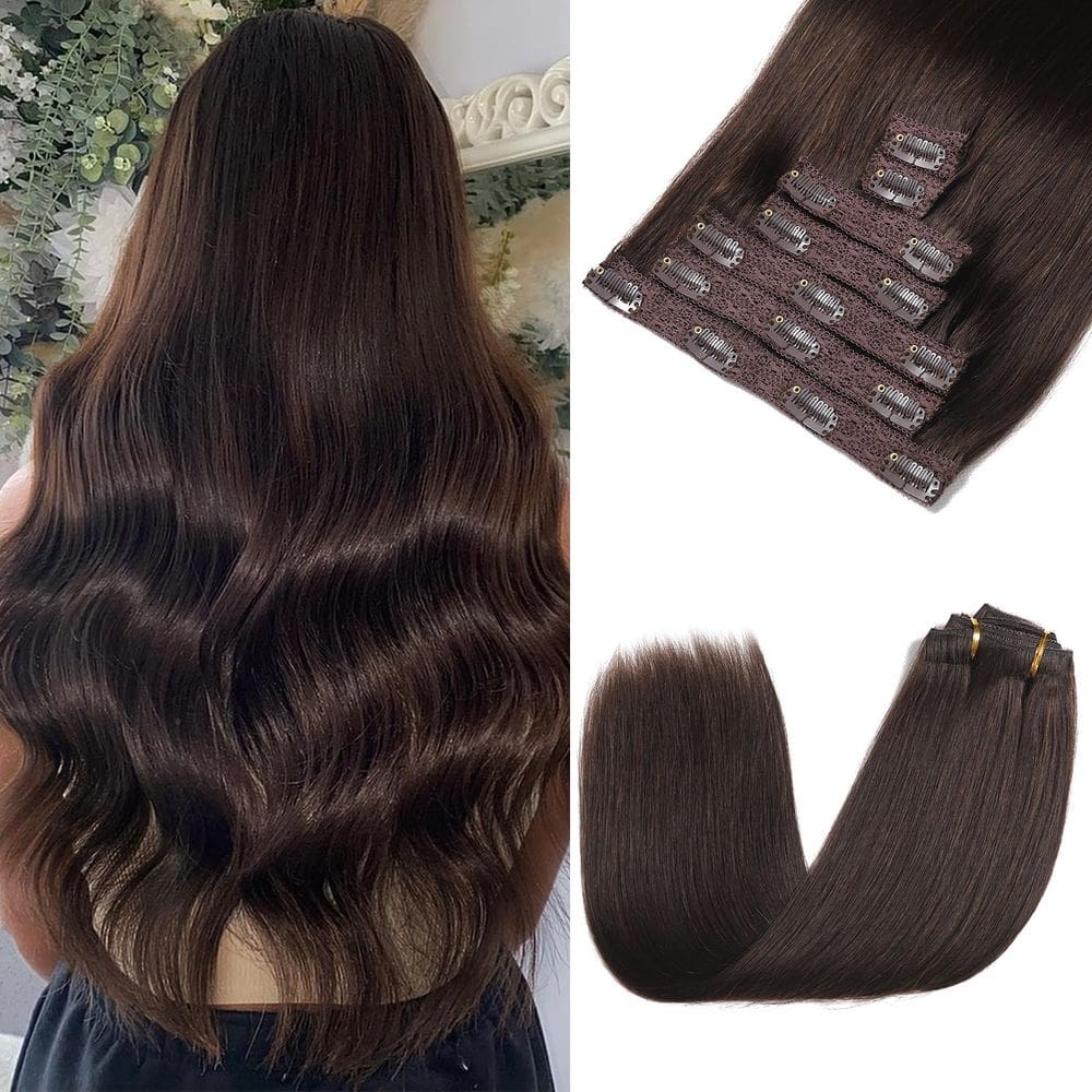 Extensões de cabelo Rimoss Clip em cabelo humano real, 22 cm, marrom escuro
