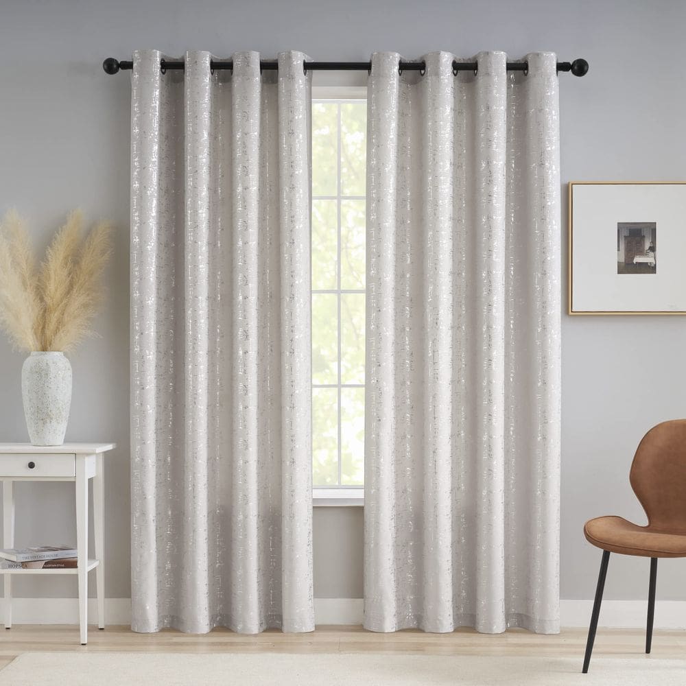 Cortinas Taisier Home Silver Foil Print Linen Geometric 2 painéis