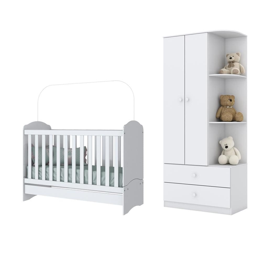 Jogo de Quarto Infantil com Guarda Roupa Labirinto e Berço Bala de Menta Branco - Henn