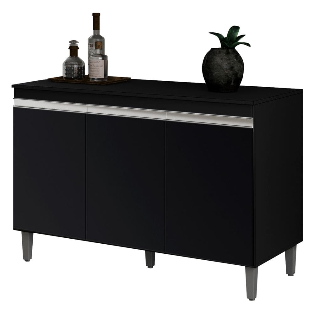Balcão Buffet Gabinete Cozinha Manu 120cm Com Tampo 3 Portas Preto - Abmaza