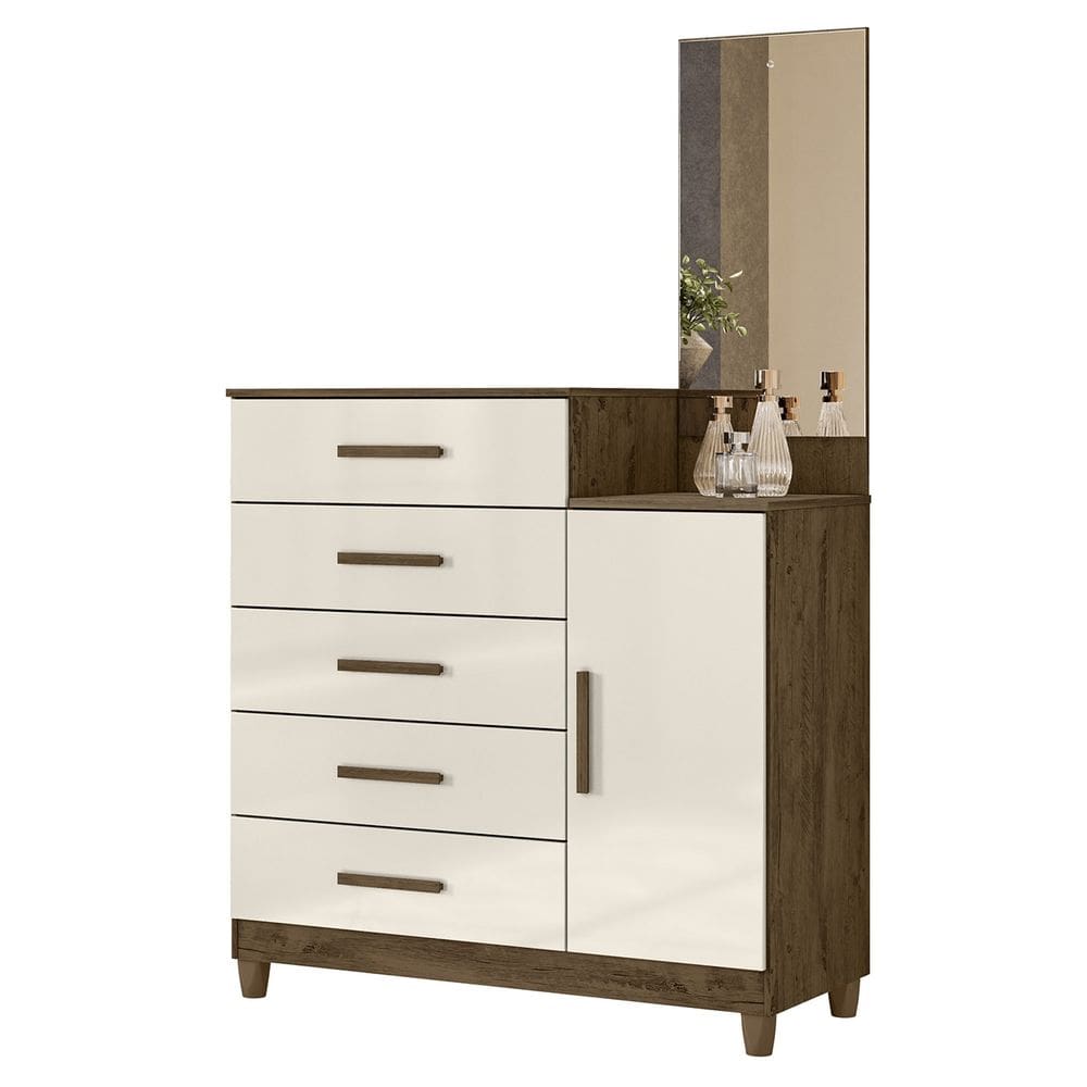 Cômoda Para Quarto 104cm Com Espelho Kyra Castanho Wood/Off Z17 - Mpozenato