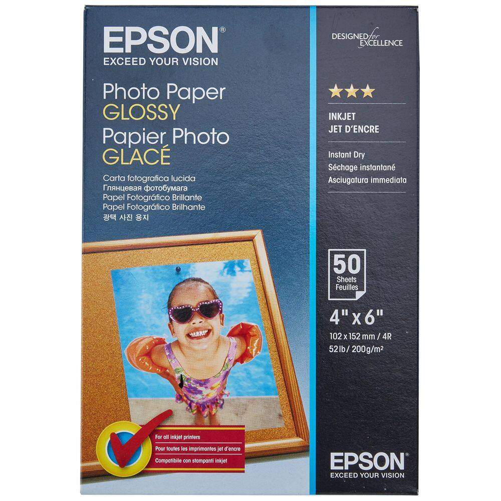 Papel fotográfico Epson Glossy 10 x 15 cm para impressora a jato de tinta de 50 folhas