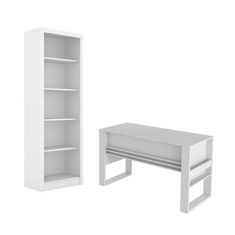 Escritório com Mesa para Computador Simples Com Armário Prateleiras Portas Branco - FdECOR