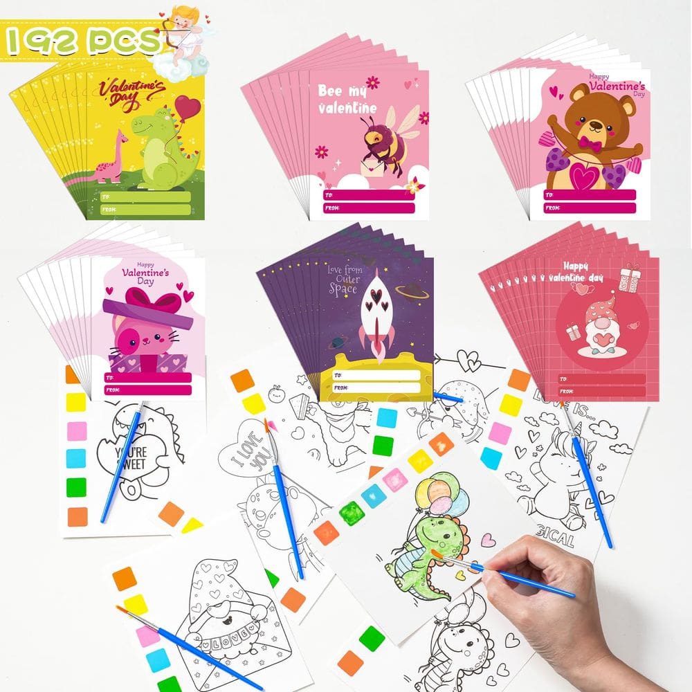 Conjunto de livros para colorir em aquarela com cartões de dia dos namorados para crianças