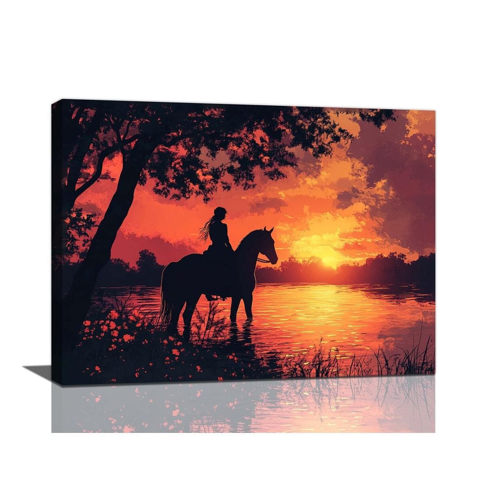 Arte de parede em tela Horse Lake Sunset Western Cowgirl 40x30cm