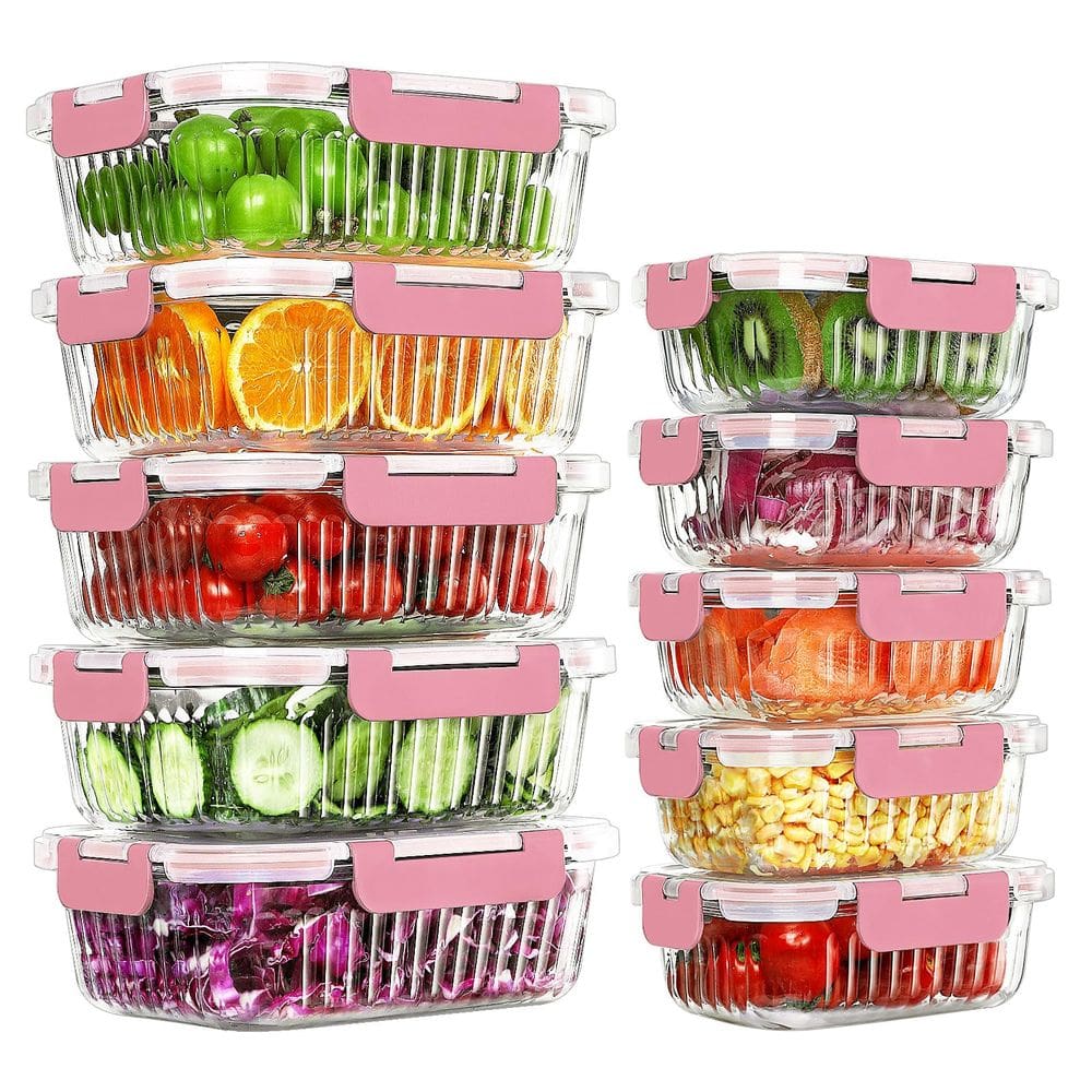 Recipientes de vidro para preparação de refeições KOMUEE, 10 pacotes de 400 mL e 1 L, rosa