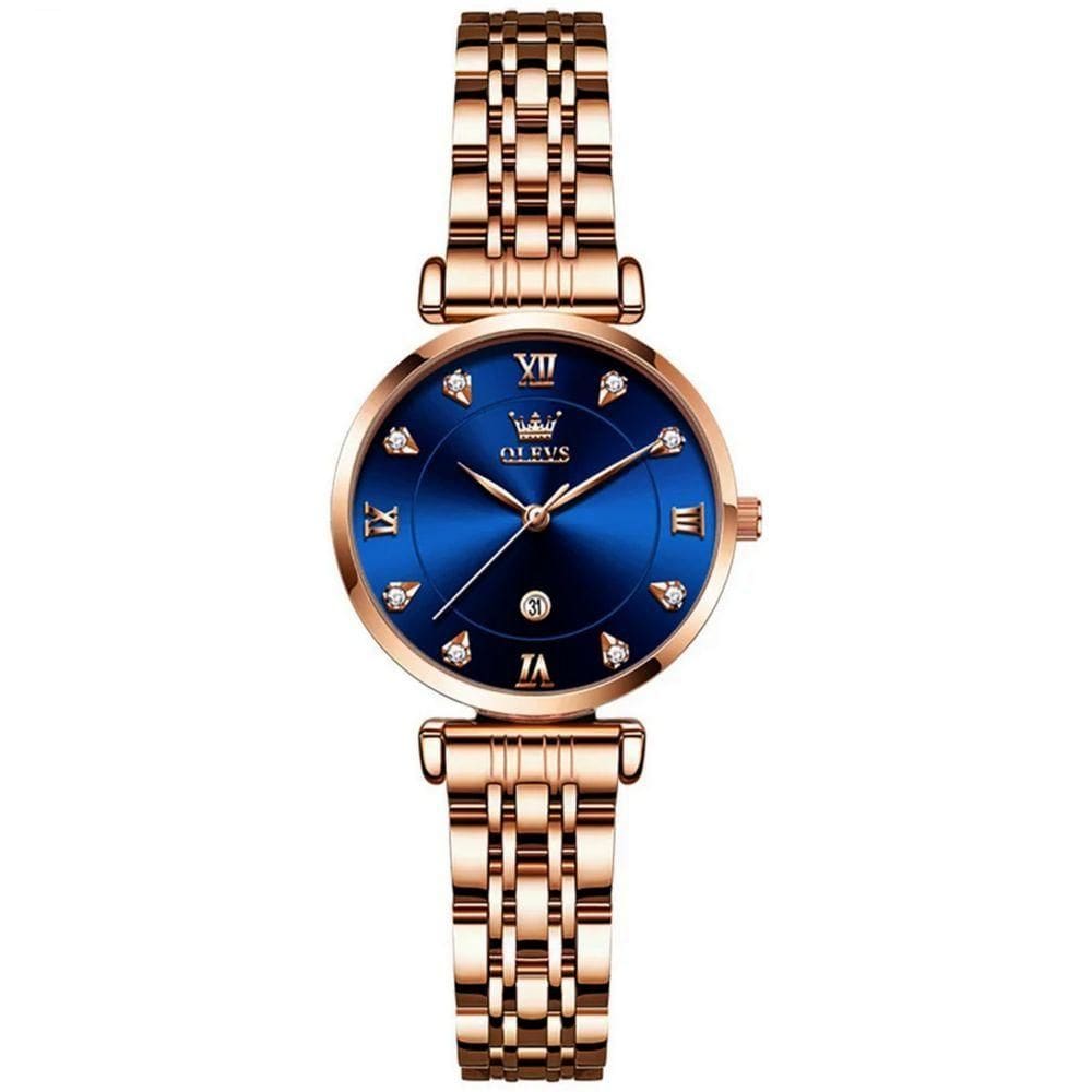 Relógio Feminino De Quartzo Dial Strass Pulseira De Aço Inoxidável A Prova D´agua Azul