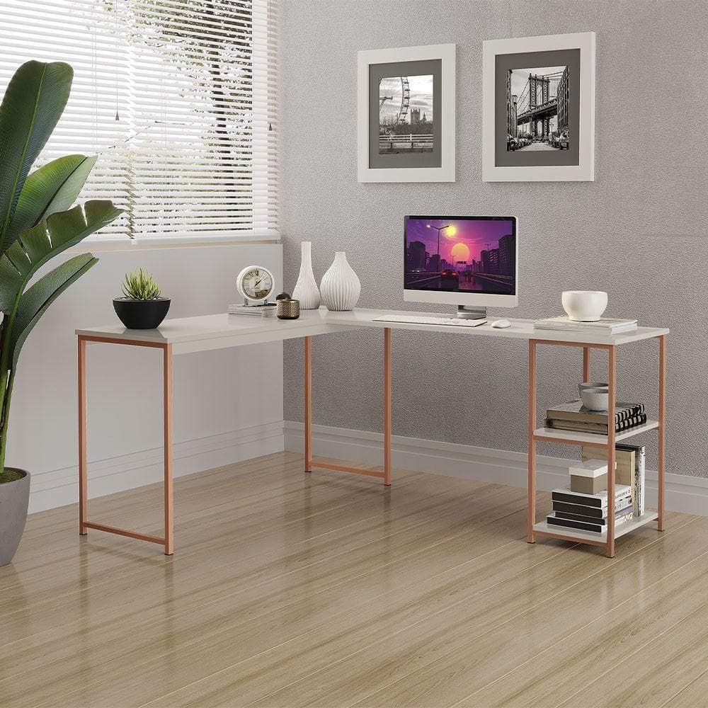 Mesa Em L Office Em Mdf Estilo Insdustrial Klm Store Bronze Com Off White