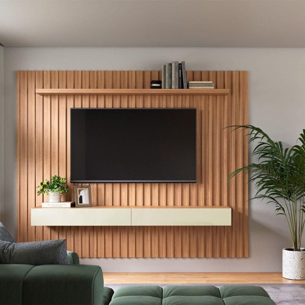 Painel Suspenso Ripado 228cm C/02 Gavetas - Pradel Freijó/off White