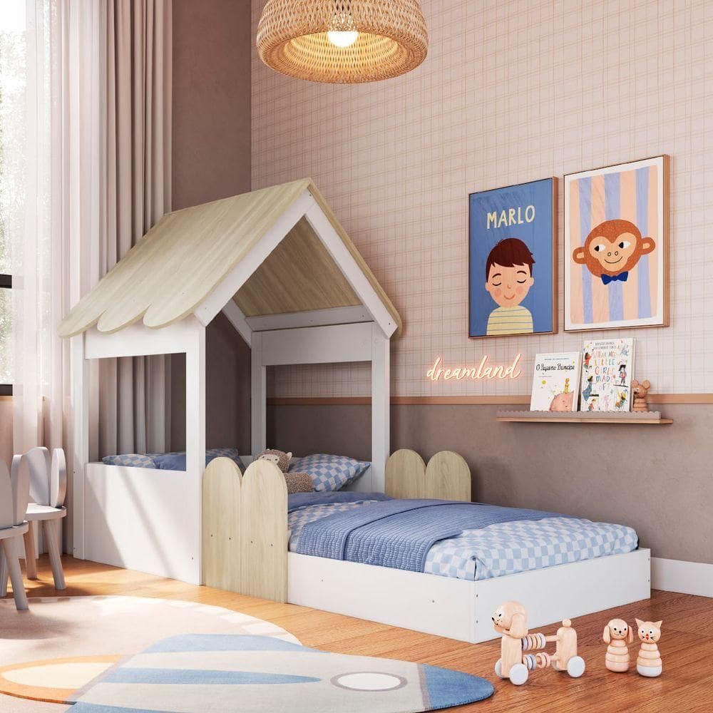 Cama Infantil Montessoriana Casinha Branca E Carvalho Completa