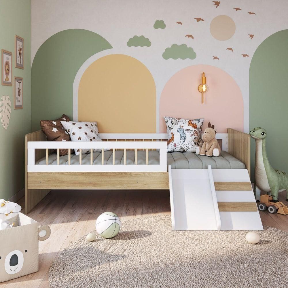 Cama Montessoriana De Solteiro Com Escada E Escorrega Linha Affetto Aft010 - Completa Móveis Aveiro/branco