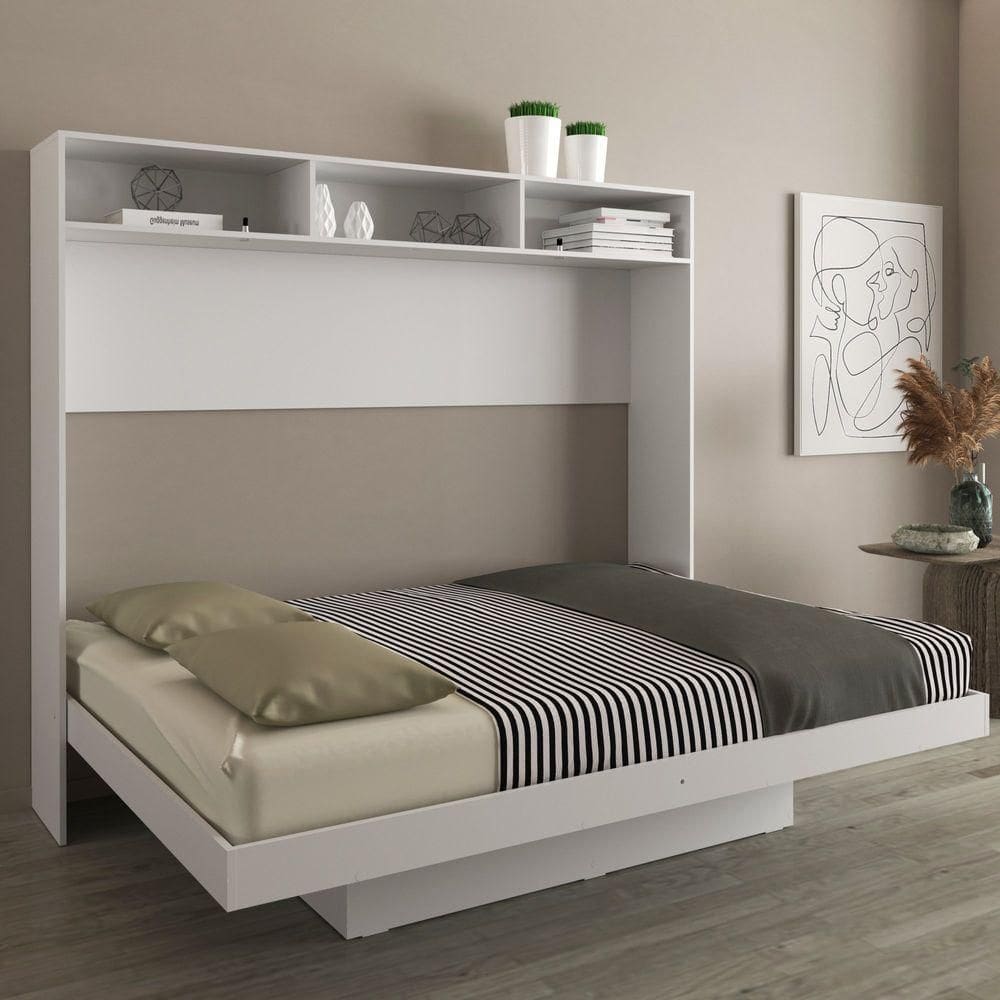 Cama Articulada De Casal Horizontal Com Nichos E Prateleiras Branco
