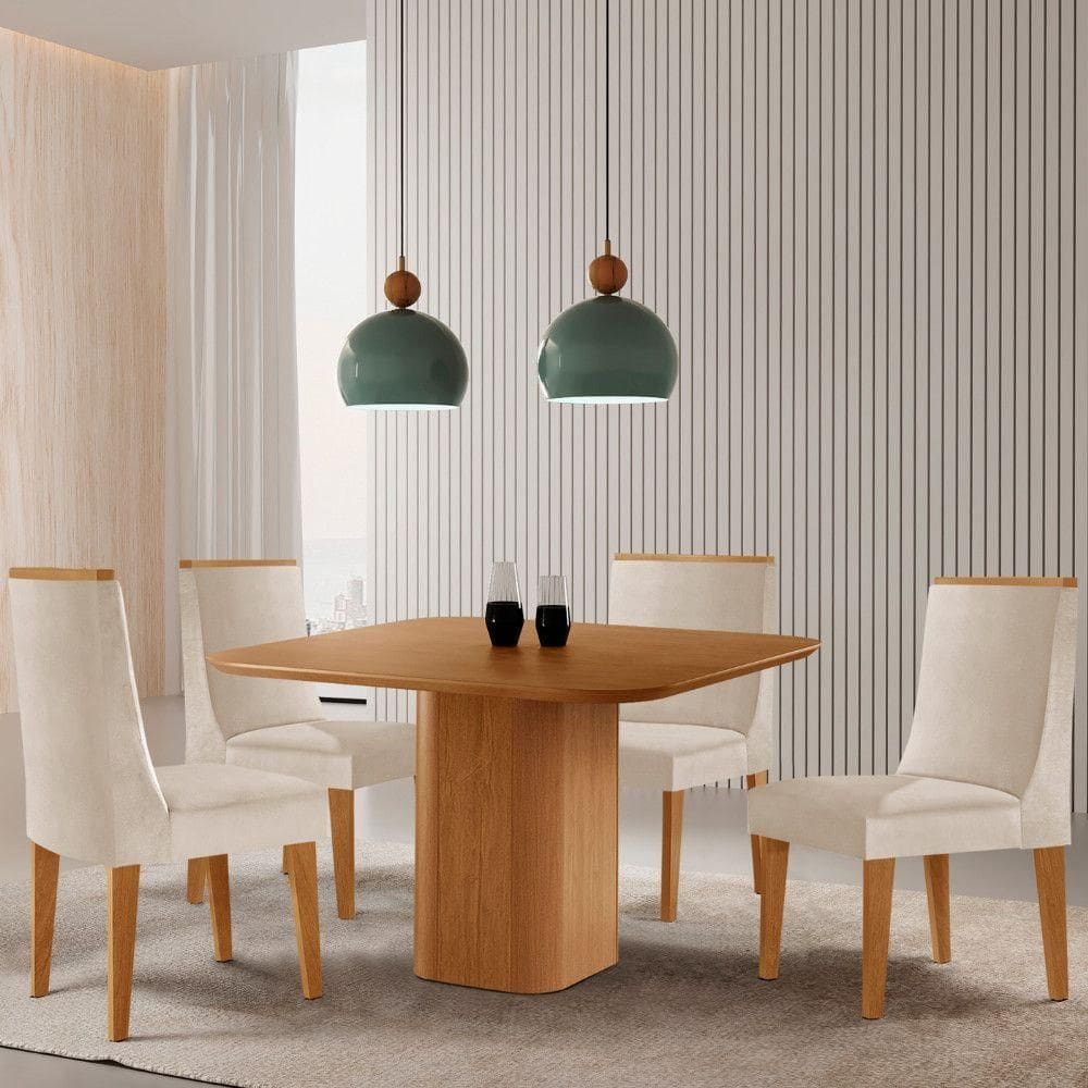 Mesa De Jantar Eloise Com 4 Cadeiras Moderna Veludo Creme