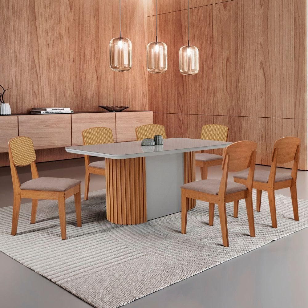 Mesa De Jantar Aspen 180cm Tampo Mdf Vidro Copper Premium Linho Capuccino/nat/off/serig. Off