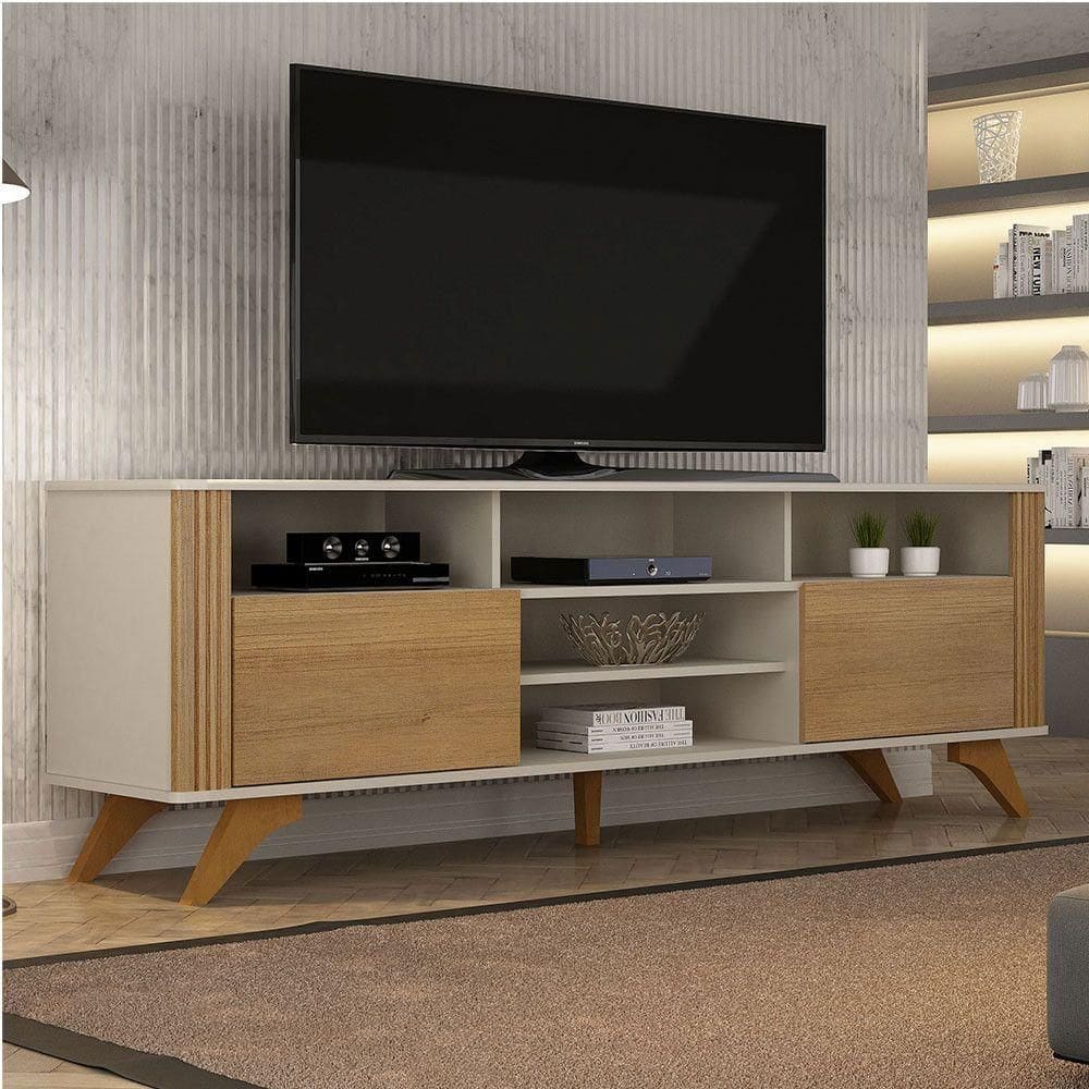 Rack Bancada 2 Portas Pés Madeira Maciça Mariana Vademoveis Off White/cinamomo