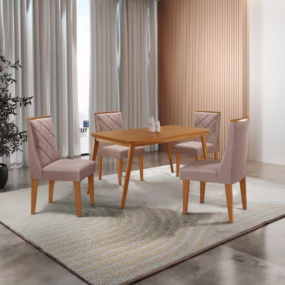 Mesa De Jantar Copper 120cm Tampo Mdf 4 Cadeiras Moderna Linho Capuccino//