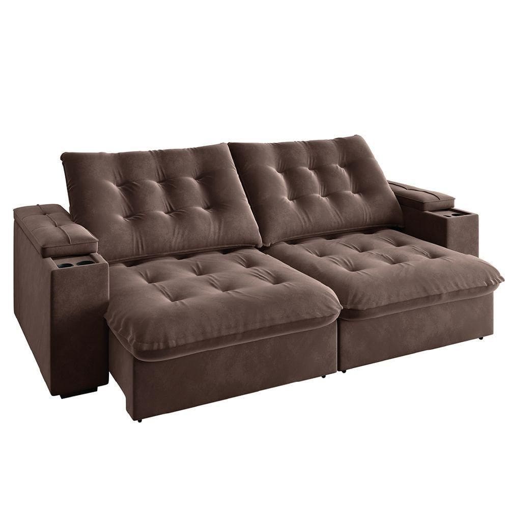 Sofá Retrátil E Reclinável 3 Lugares 2,30m Com Porta Copos Veludo New Coliseu Selmer Marrom