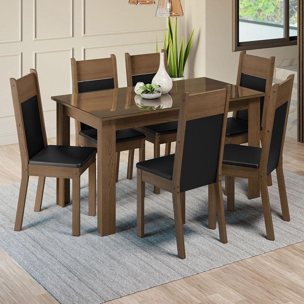 Conjunto Sala De Jantar Mesa Tampo Vidro 6 Cadeiras Madesa