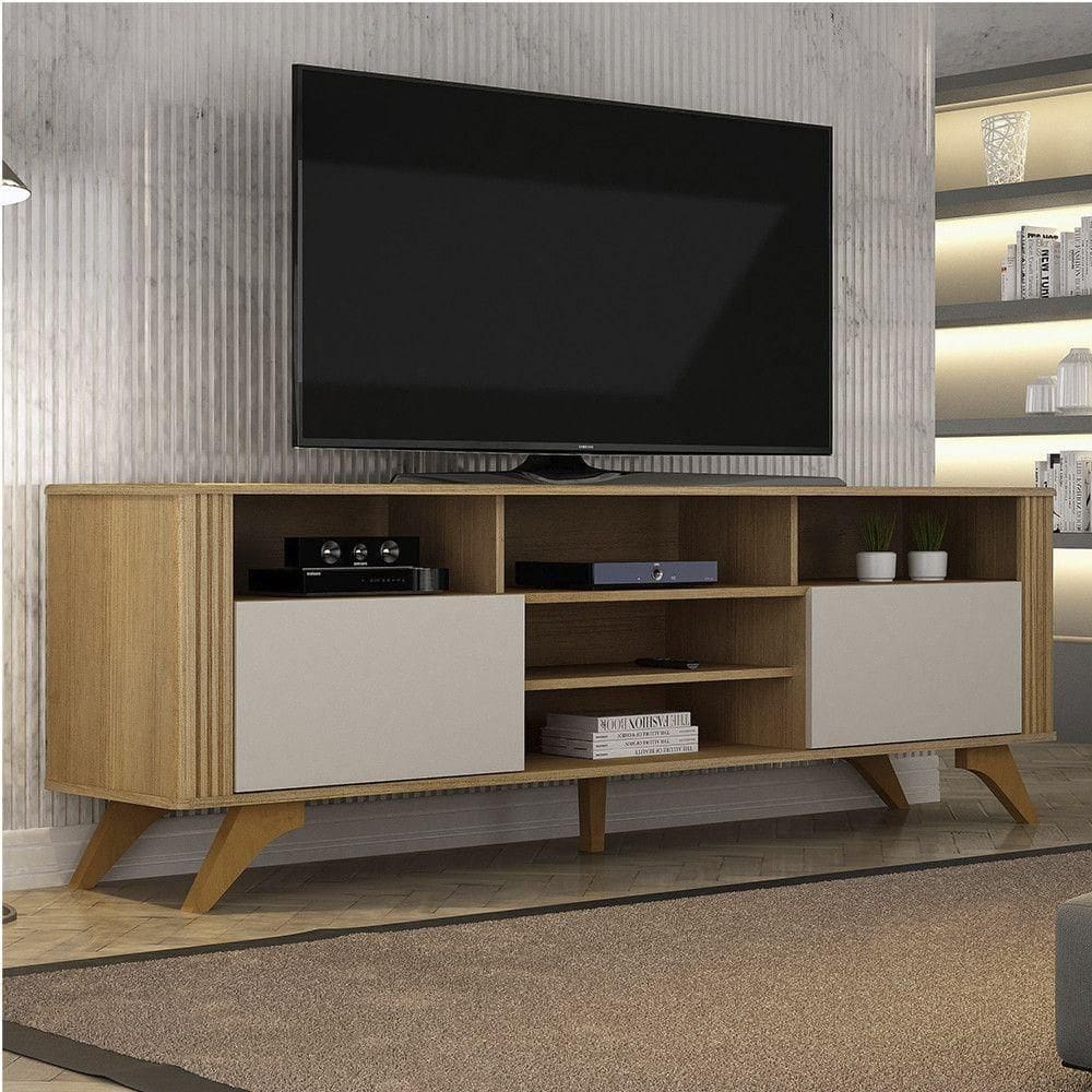 Rack Bancada 2 Portas Pés Madeira Maciça Mariana Vademoveis Cinamomo/off White