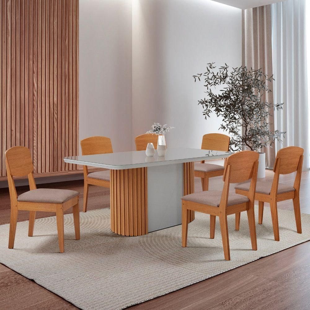 Mesa De Jantar Aspen 180cm Tampo Mdf Vidro 6 Cadeiras Copper Linho Capuccino/nat/off/serig. Off