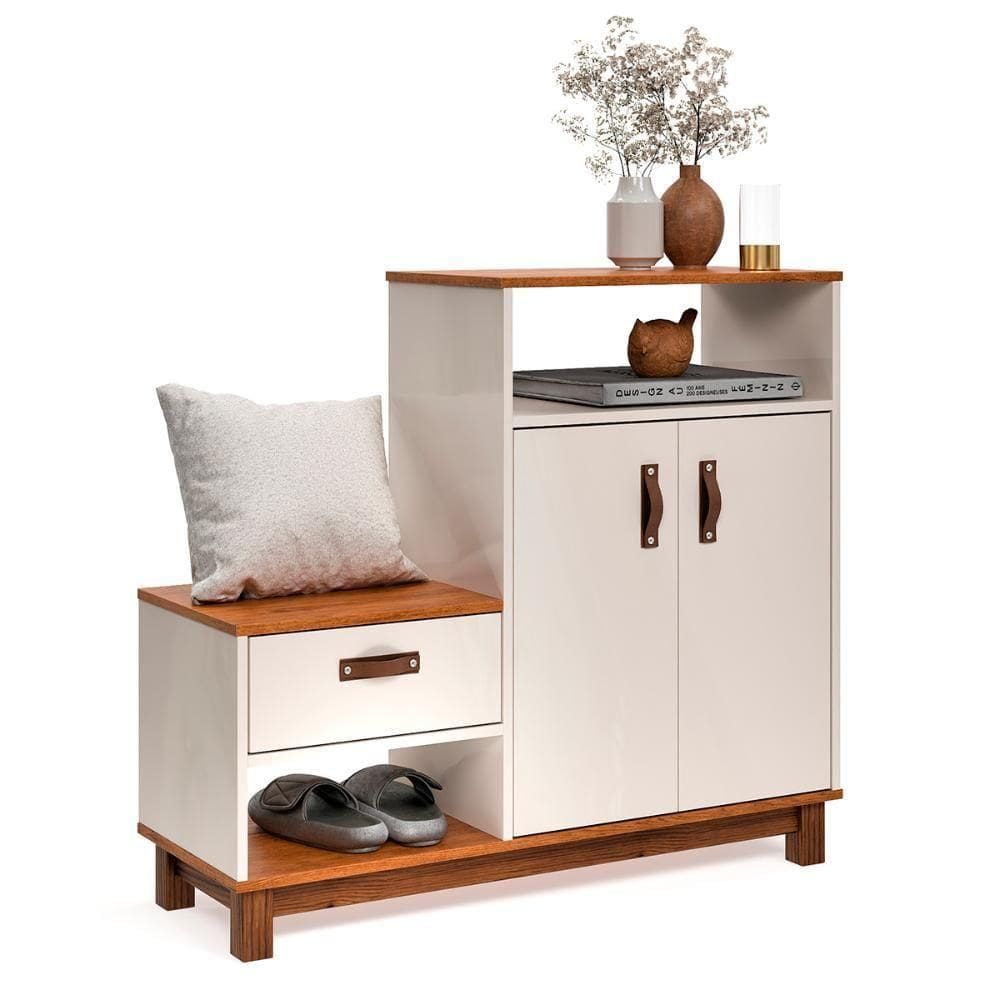 Sapateira Com Banco Organic 3 Portas Pés De Madeira Maciça Off White/Freijo
