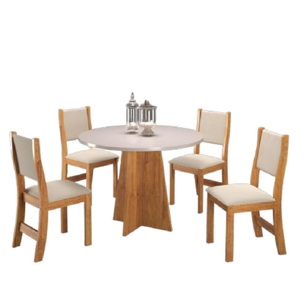 Conjunto De Mesa Sala De Jantar Redonda 0,90m 4 Cadeiras Sone Veludo Viero Madeirado / Marfim