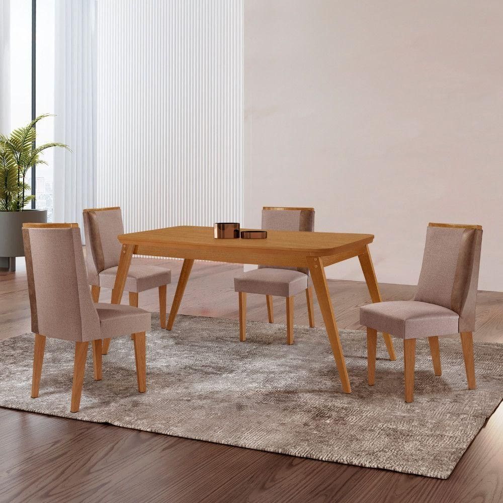 Mesa De Jantar Copper 120cm Tampo Mdf Com 4 Cadeiras Moderna Linho Capuccino / Tork /