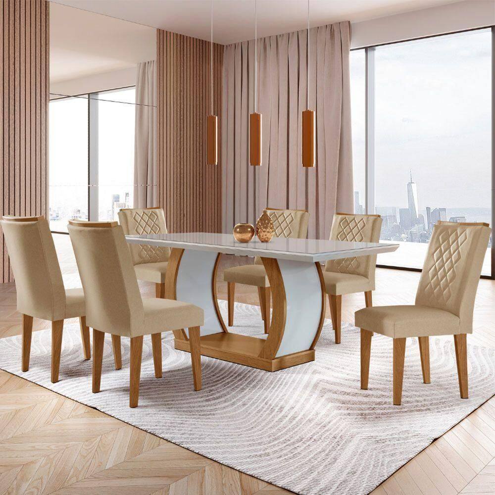 Sala De Jantar Milena Tampo Mdf Vidro 6 Cadeiras Rufato