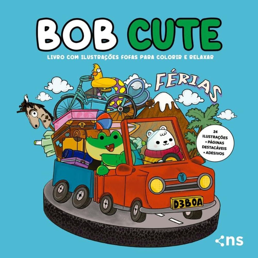 BOB CUTE – FÉRIAS – Livro com ilustrações fofas e originais para pintar, páginas destacáveis e acompanha uma cartela de adesivo - papel 180gr