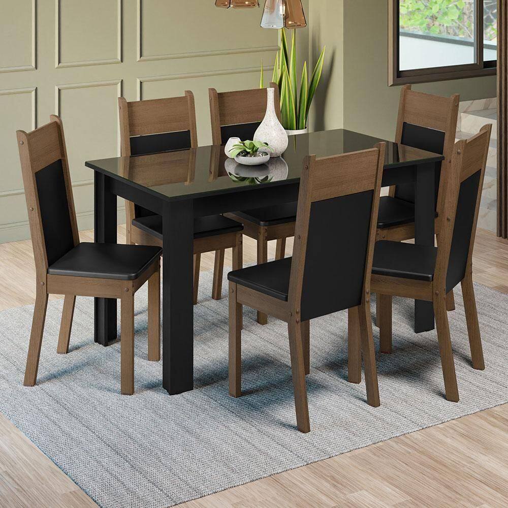Conjunto Sala De Jantar Mesa Tampo Vidro 6 Cadeiras Madesa