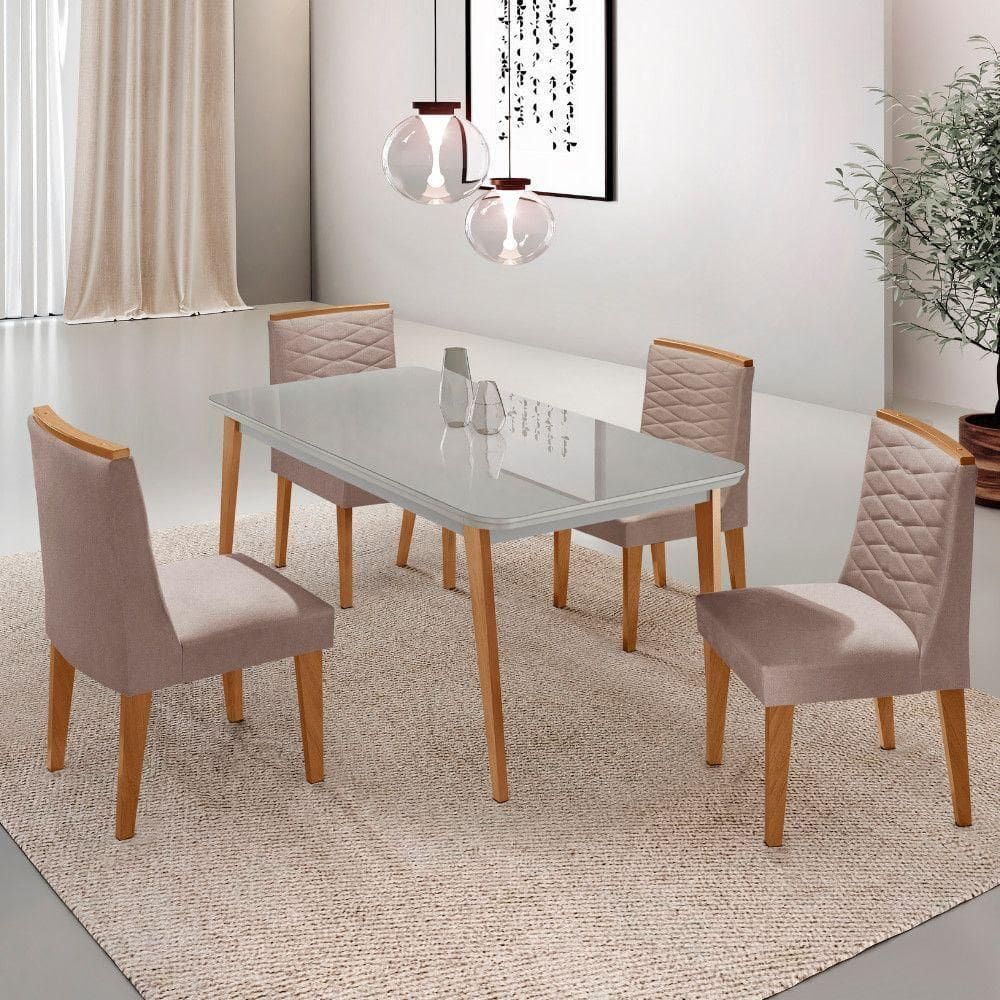 Mesa De Jantar Copper 120cm Tampo Mdf 4 Cadeiras Moderna Linho Capuccino/off/nat/serig. Off