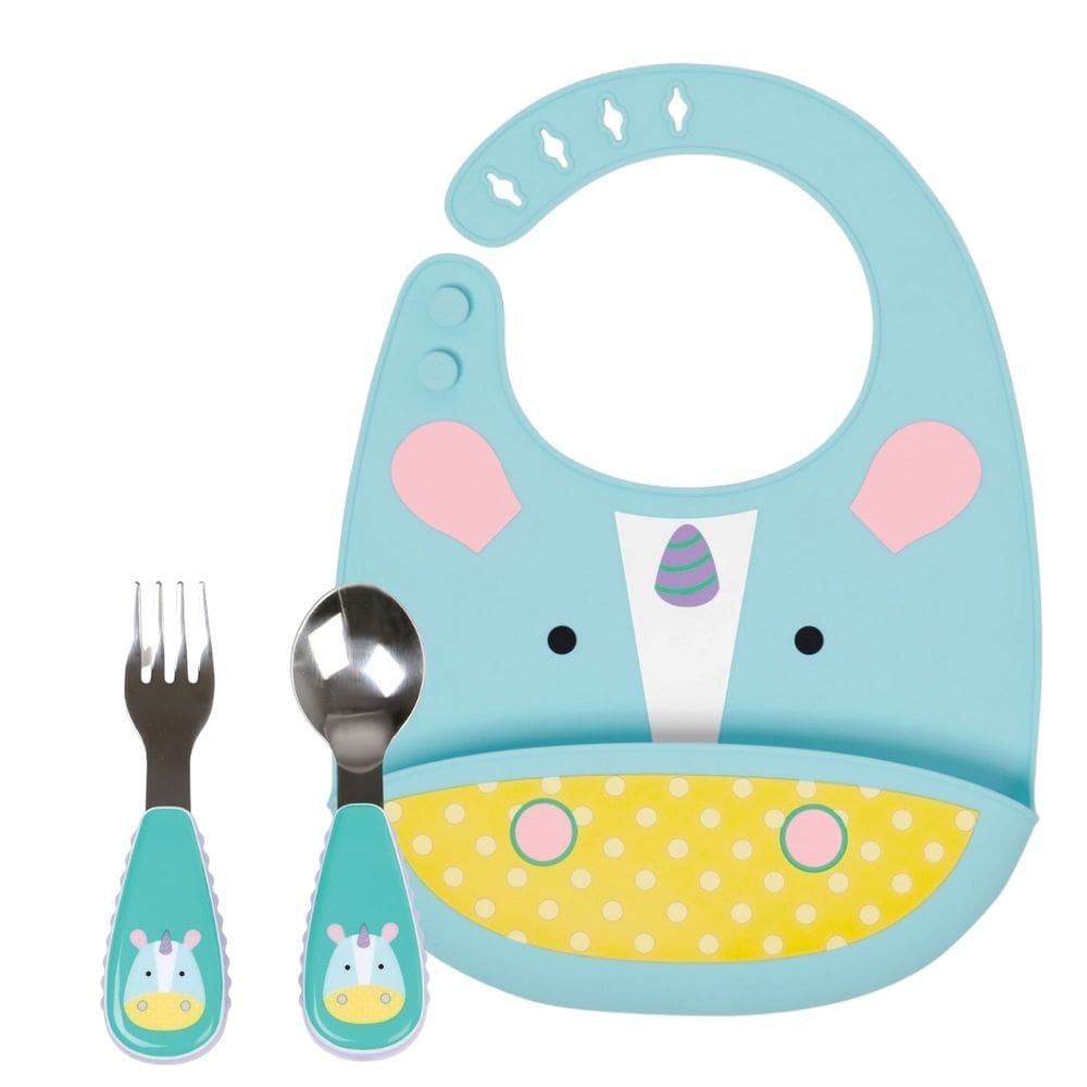 Kit de Refeição com Babador Cata Migalhas de Silicone e Talheres Zoo Unicórnio - Skip Hop