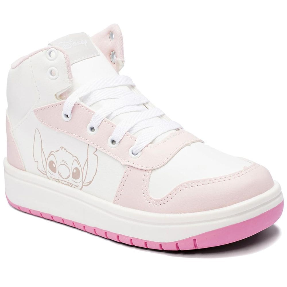 Tênis Infantil Disney Stitch Recortes Cano Alto Menina - Branco e Rosa