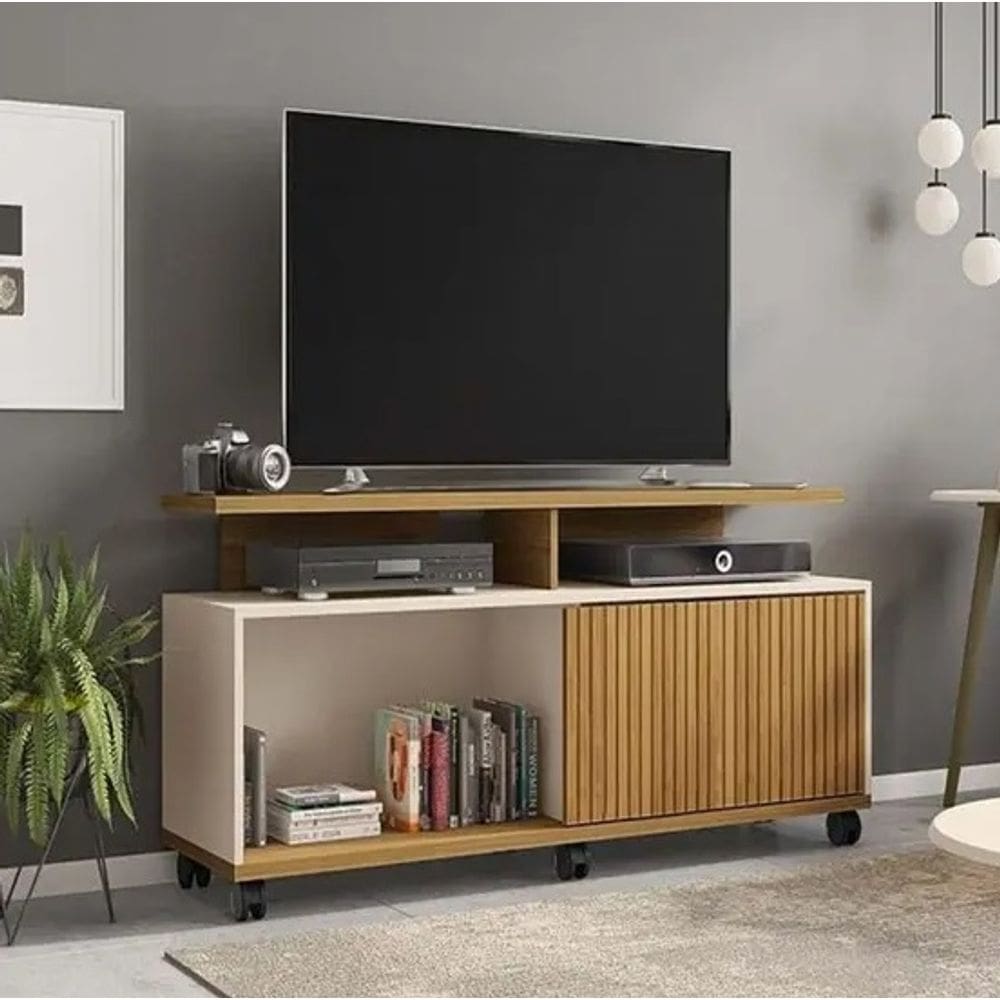 Rack Ripado Para Tv Até 52 Polegadas Porta Correr Topázio Off White 1,36
