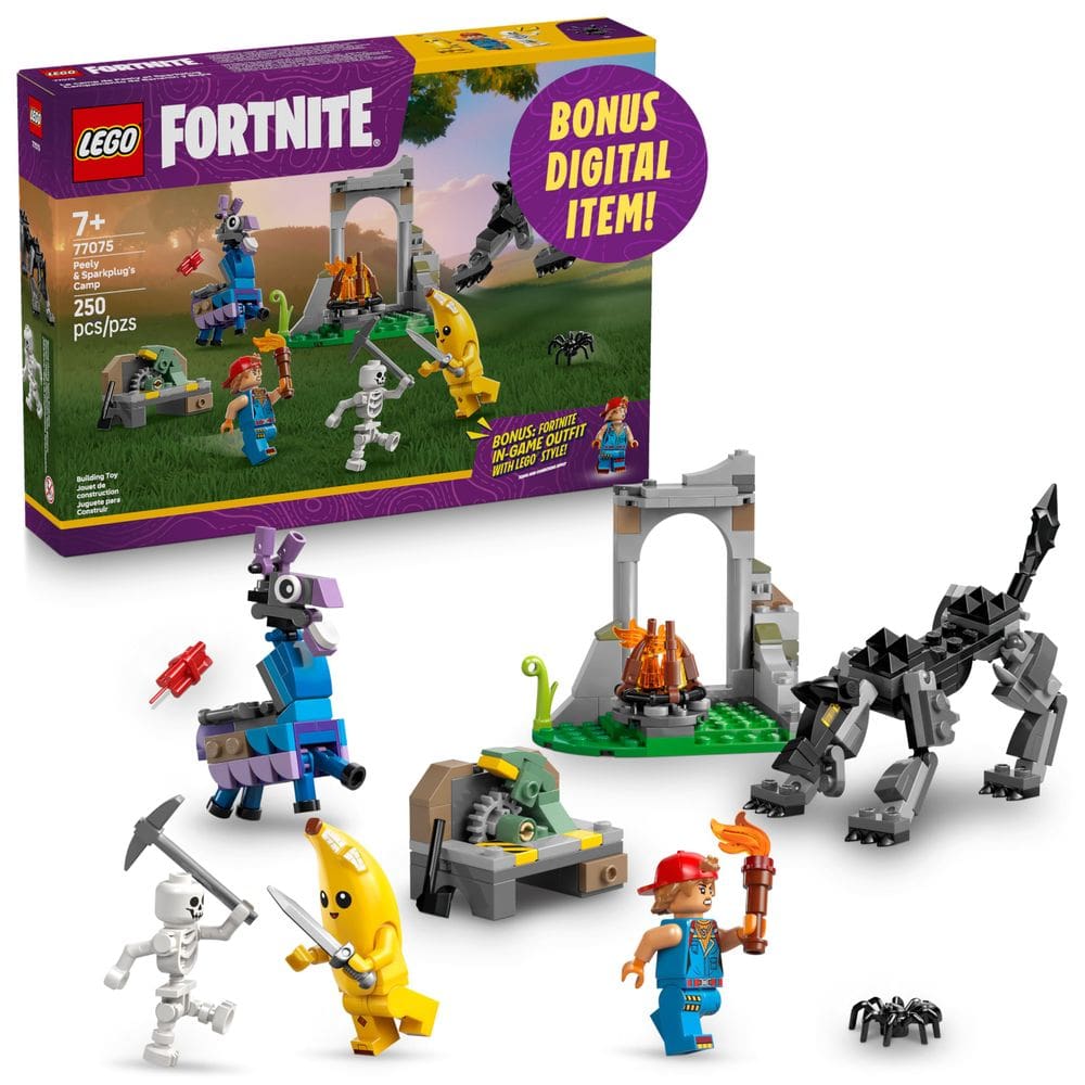 Brinquedo de construção LEGO Fortnite Peely & Sparkplug`s Camp 77075