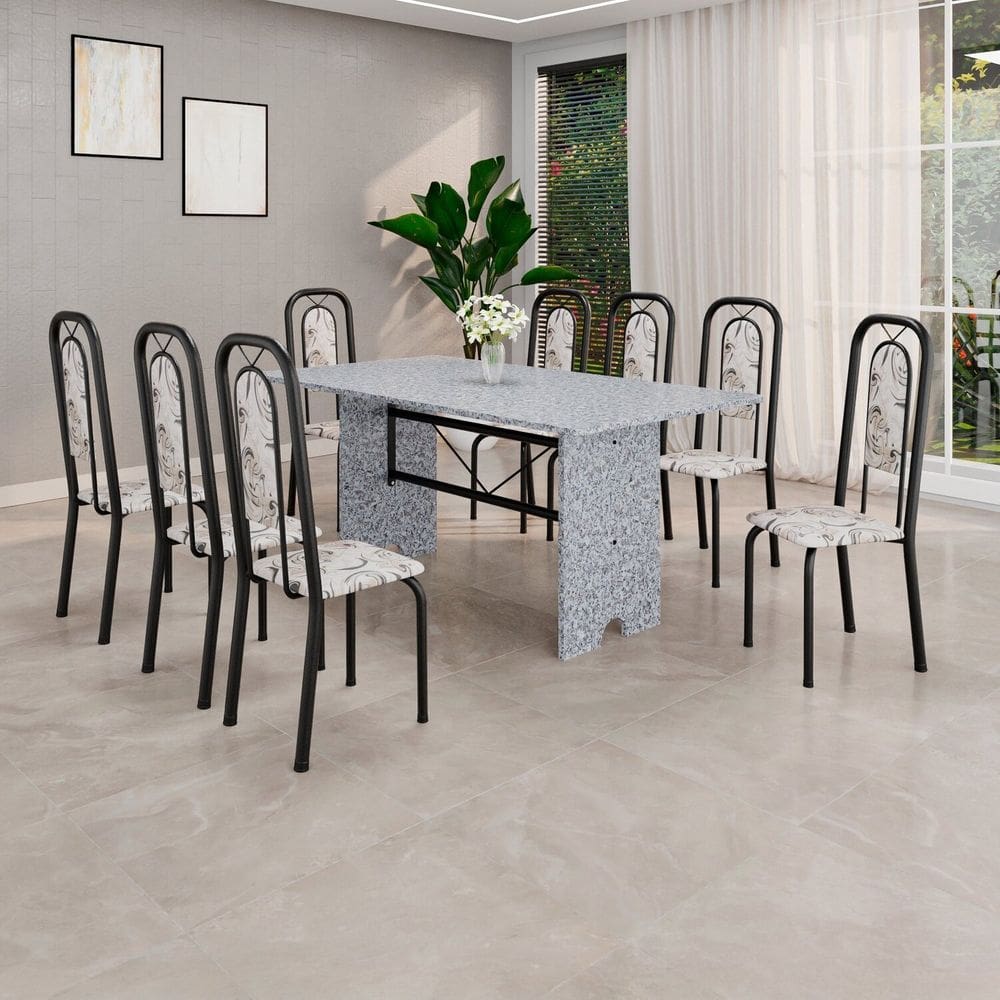Conjunto de Mesa com 8 Cadeiras para Sala de Jantar Lara Preto/Cinza