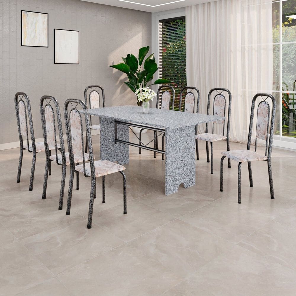 Conjunto de Mesa com 8 Cadeiras para Sala de Jantar Lara Bege/Prata