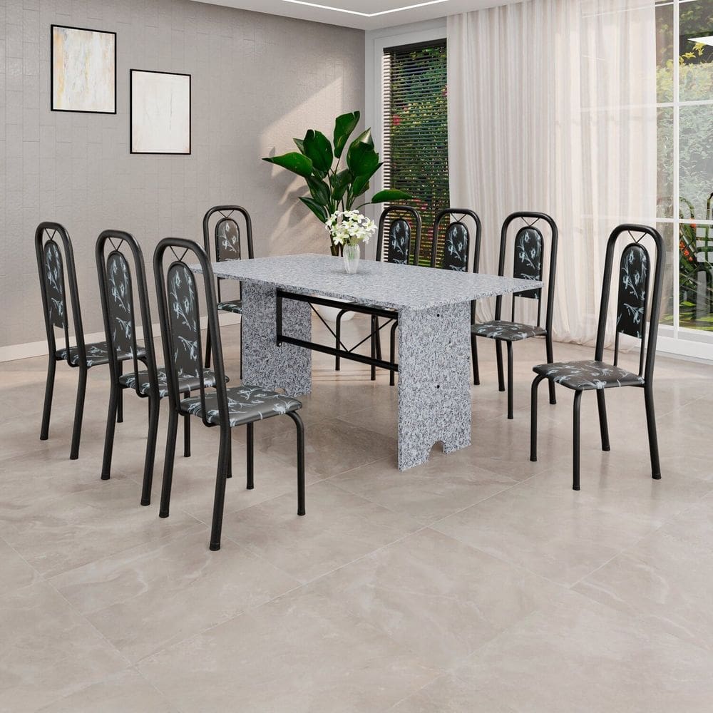 Conjunto de Mesa com 8 Cadeiras para Sala de Jantar Lara Preto/Cinza
