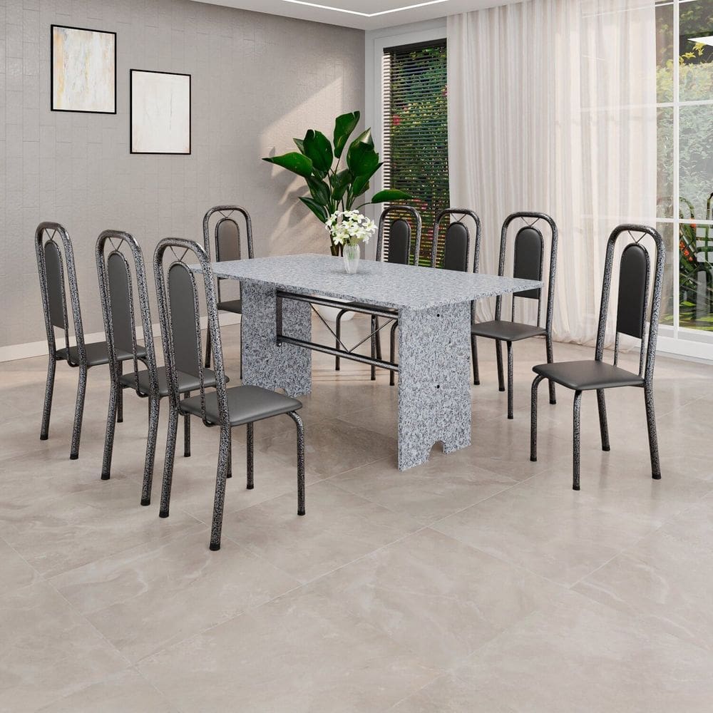 Conjunto Sala de Jantar 8 Cadeiras Lara Preto / Prata
