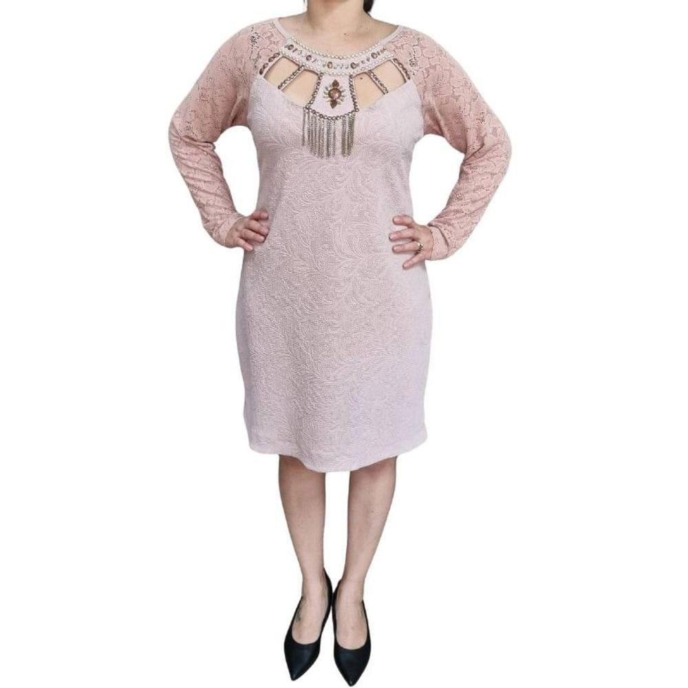 Vestido Festa CKM Rendas e Pedrarias ML Rosê Plus Size